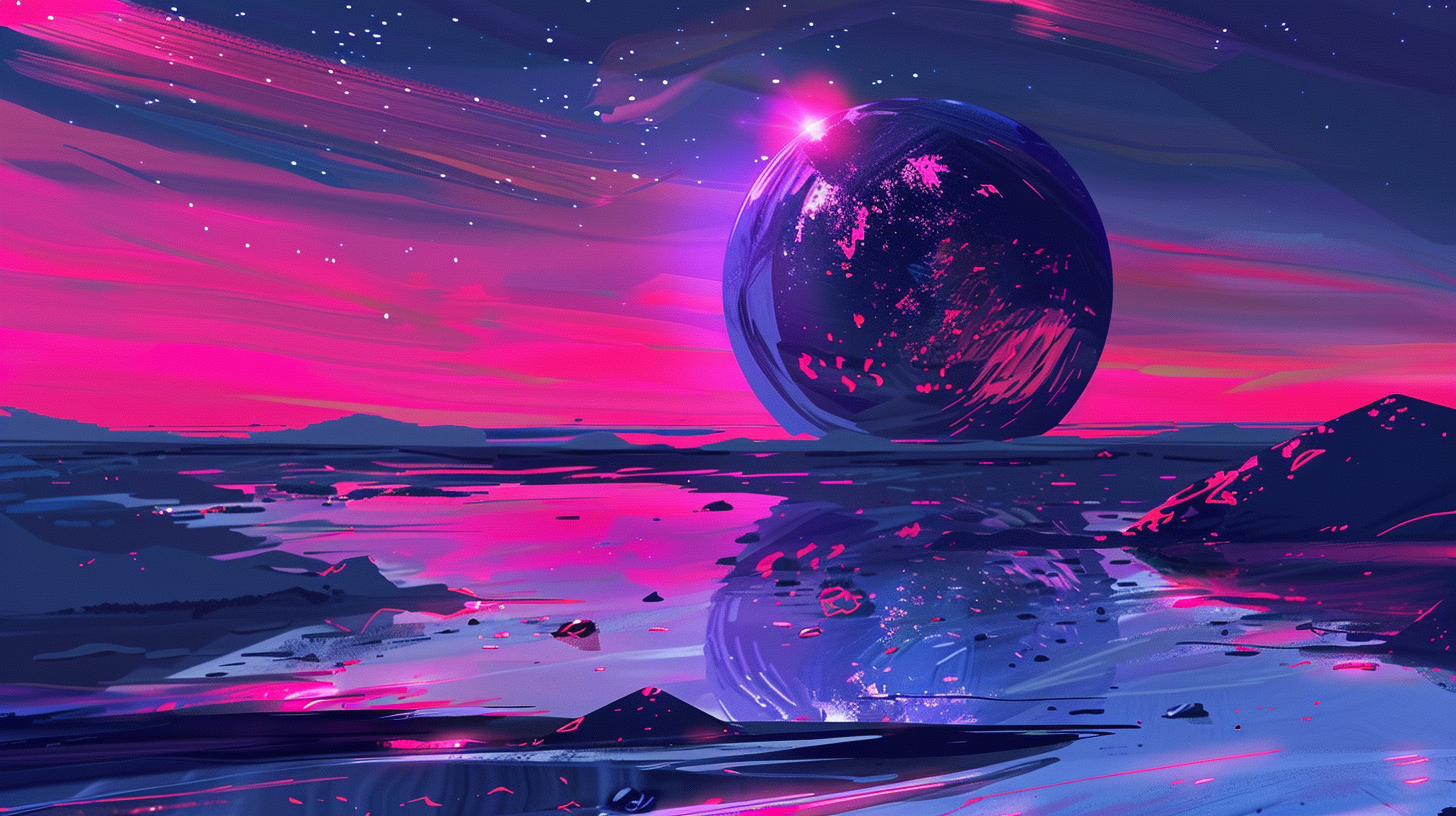 A dark planet landscape in a minimalist neon style, impressionist abstract strokes
